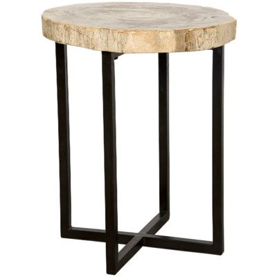 Cross Base Side Table, Metal and Petrified Fossil