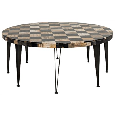 Carim Round Coffee Table, Fossil Inlaid With Metal Base