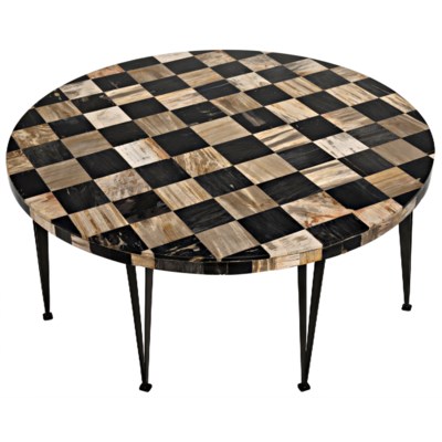 Carim Round Coffee Table, Fossil Inlaid With Metal Base