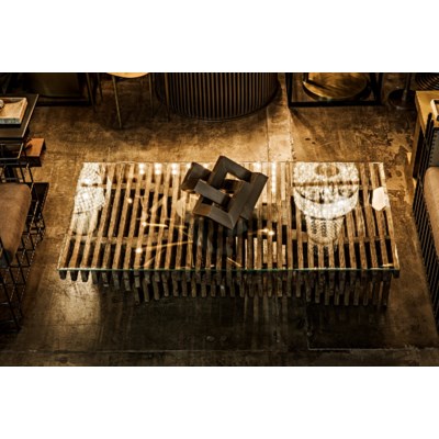 Orpheus Coffee Table, Old Elm and Glass